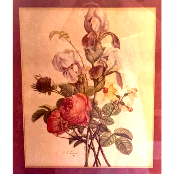 Vintage Jean Louis Prevost Iris Roses and Narcissus Print Framed with Mat/Glass - Picture 4 of 4
